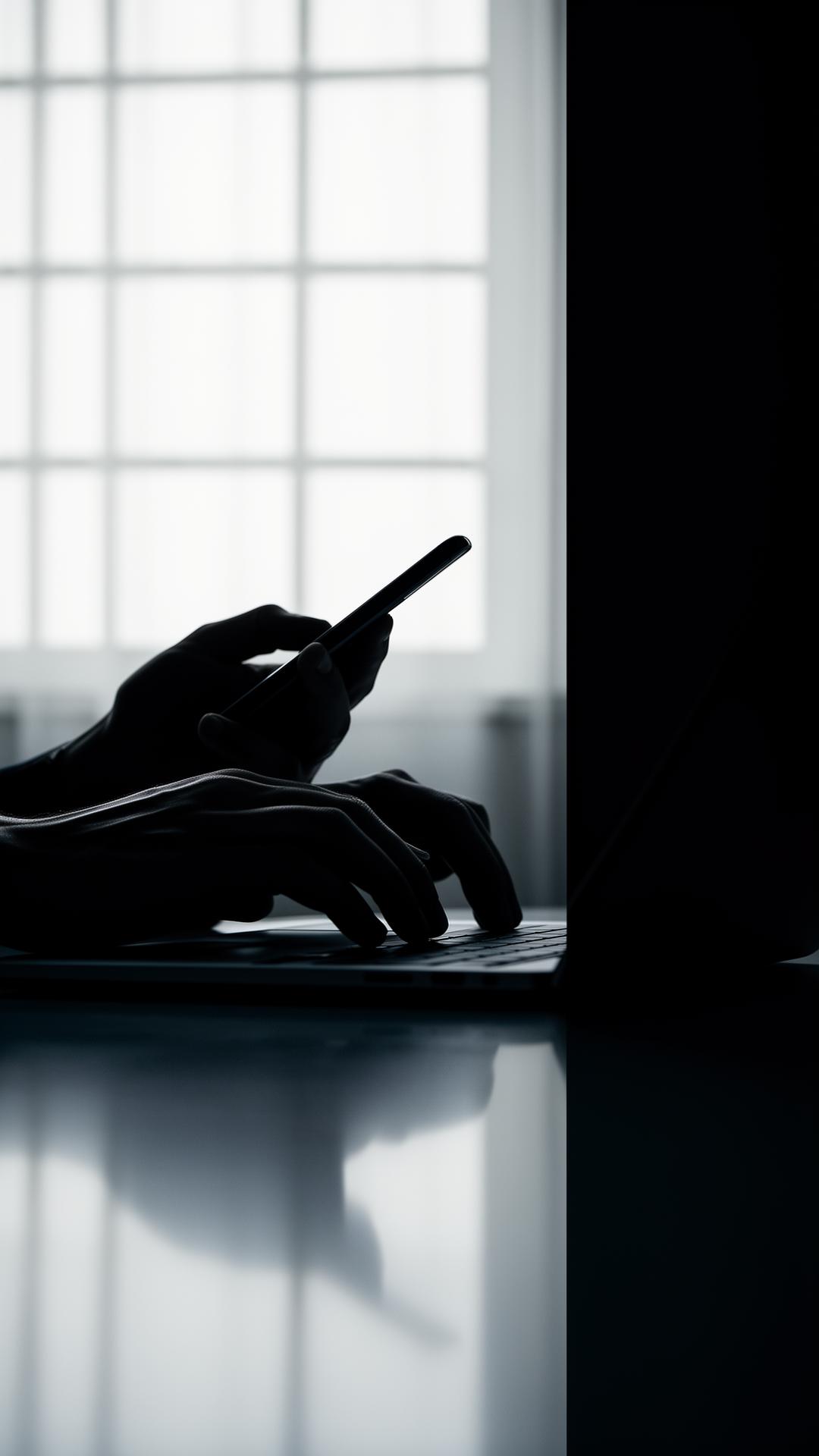 Silhouetted hands at a laptop holding a phone — reaching out to make contact