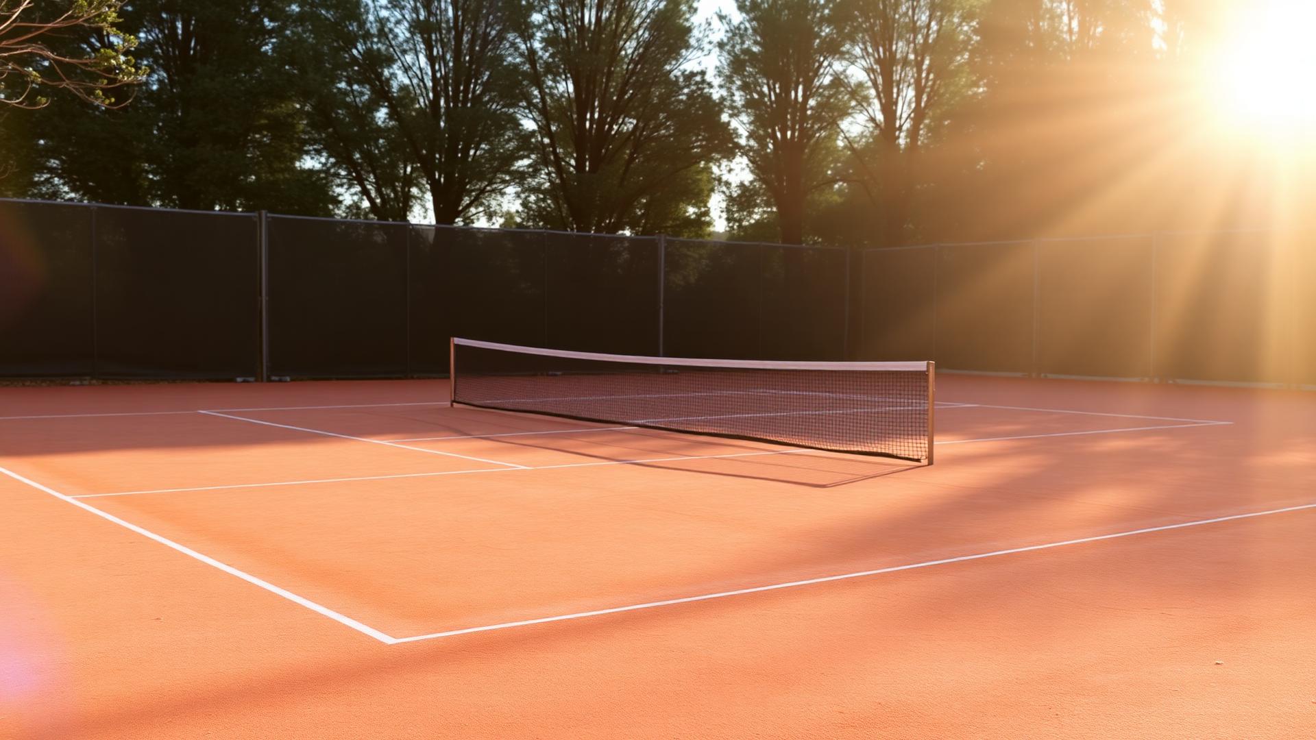 A clay tennis court at first light