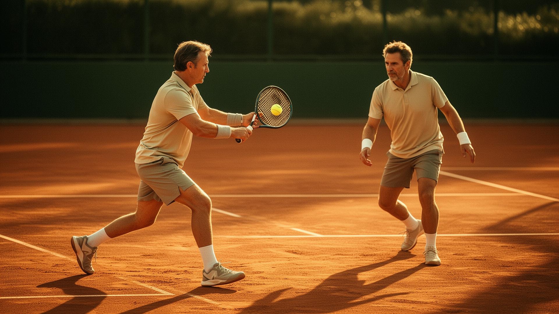 Two leaders mid-rally on a sunlit court