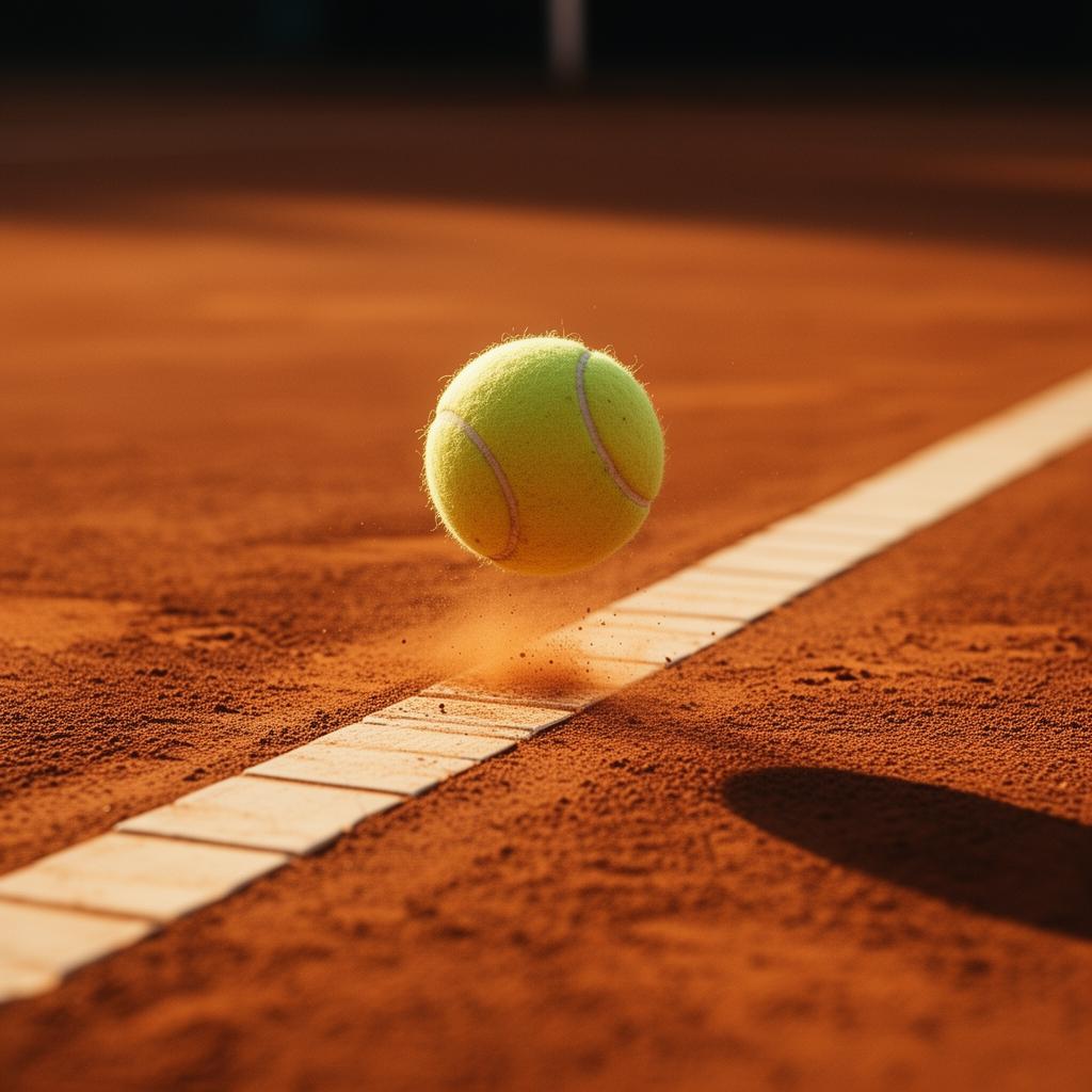 A tennis ball striking the line on warm clay