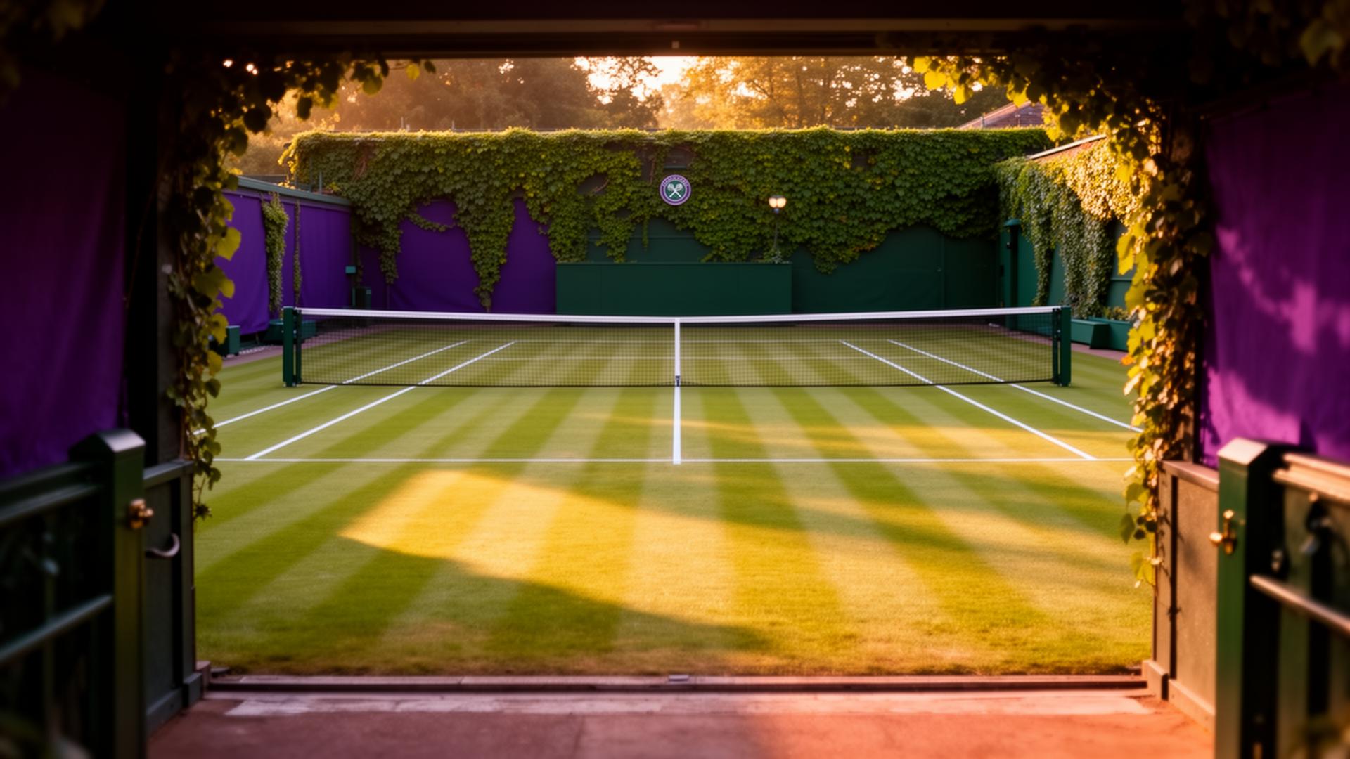 Grass tennis court at golden hour — Queen's Club, London